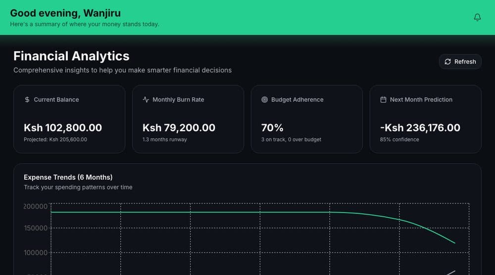 BudgetFlow financial analytics showing current balance, monthly burn rate, and a six-month expense trend chart
