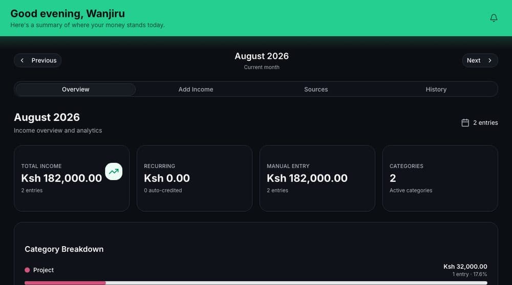 BudgetFlow income overview showing total income, category breakdown of salary and project income