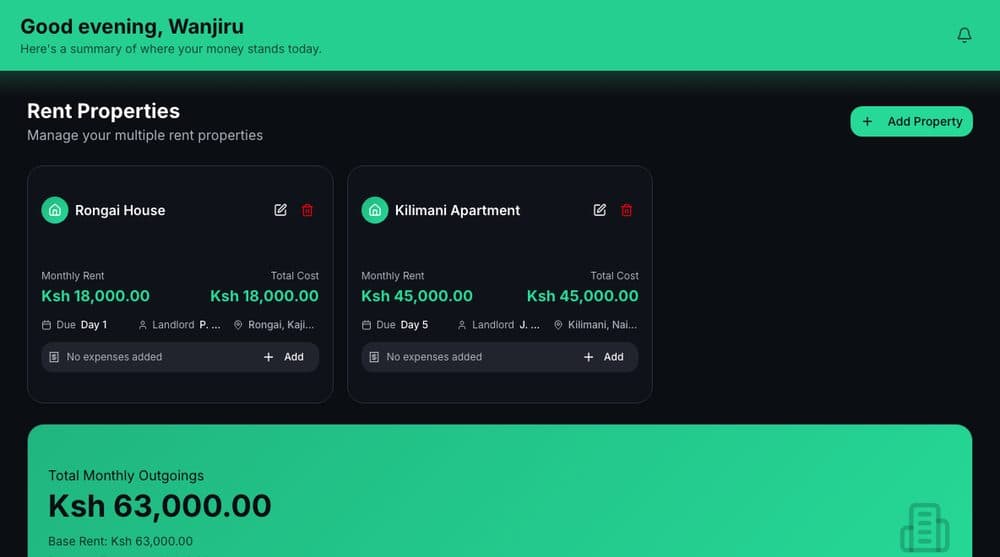 BudgetFlow rent properties dashboard showing two properties with monthly rent, landlord, and due date
